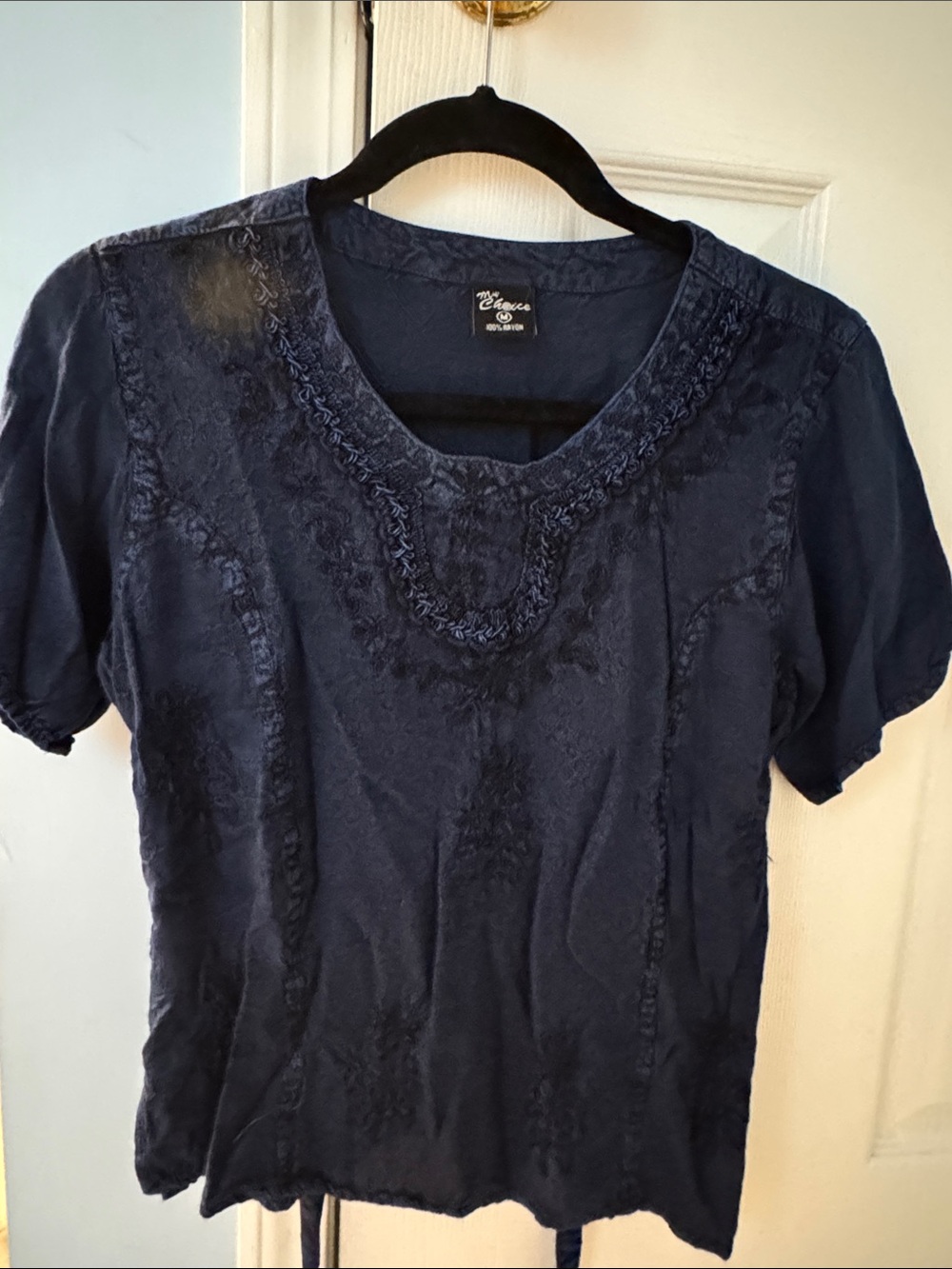 Choices Navy Short-Sleeve Scoop Neck Embroidered Top